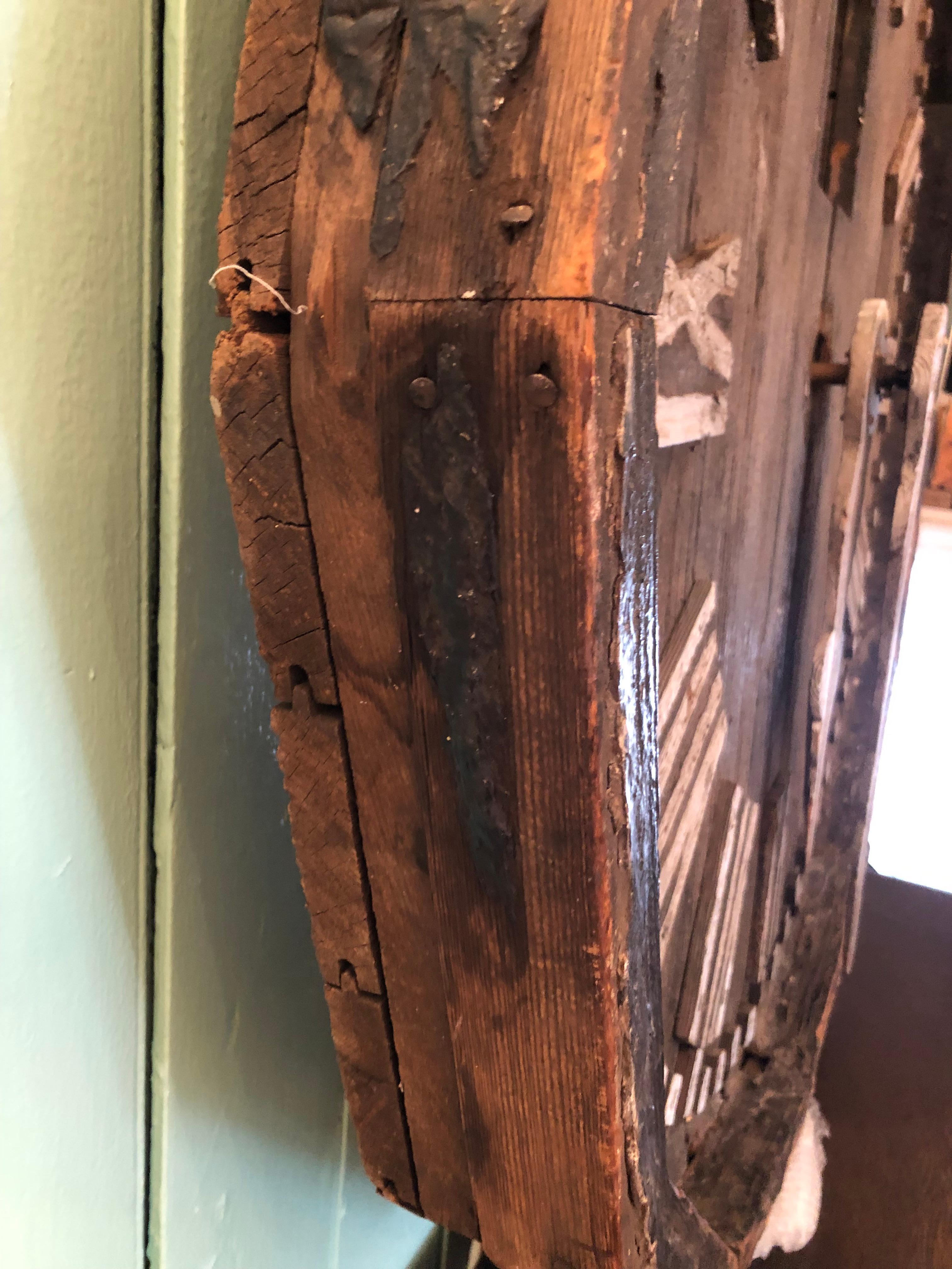 Huge Antique Distressed Reclaimed Wood Architectural Fragment Clock Face In Distressed Condition For Sale In Hopewell, NJ