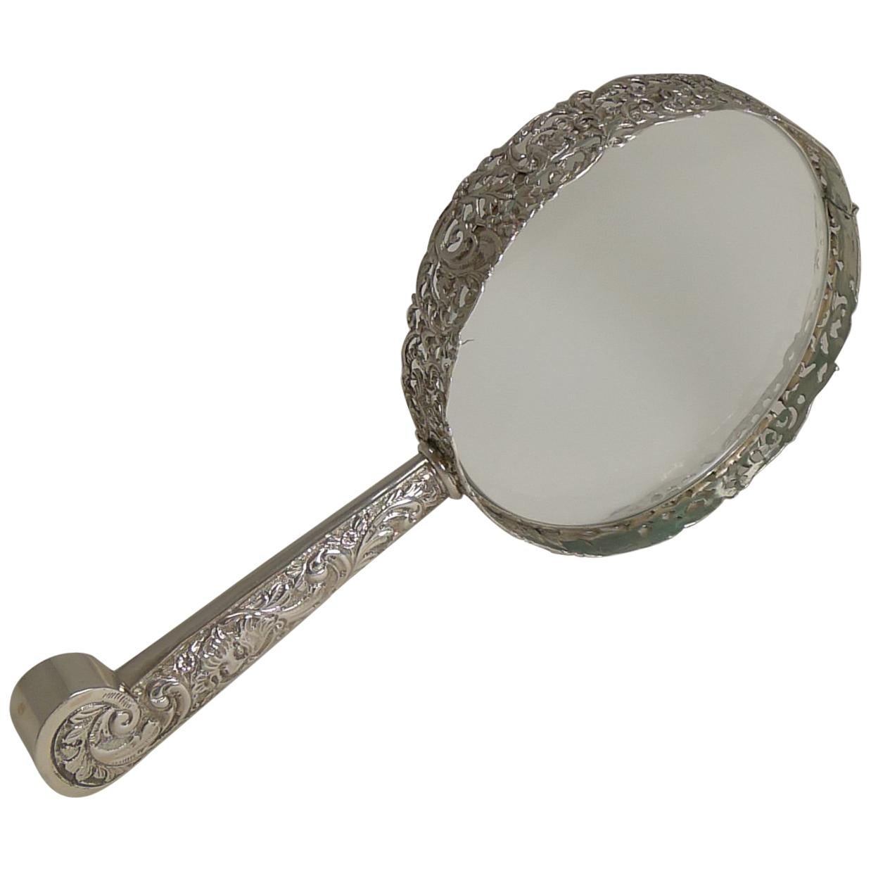 Huge Antique English Sterling Silver Magnifying Glass by Samuel Jacob, 1897