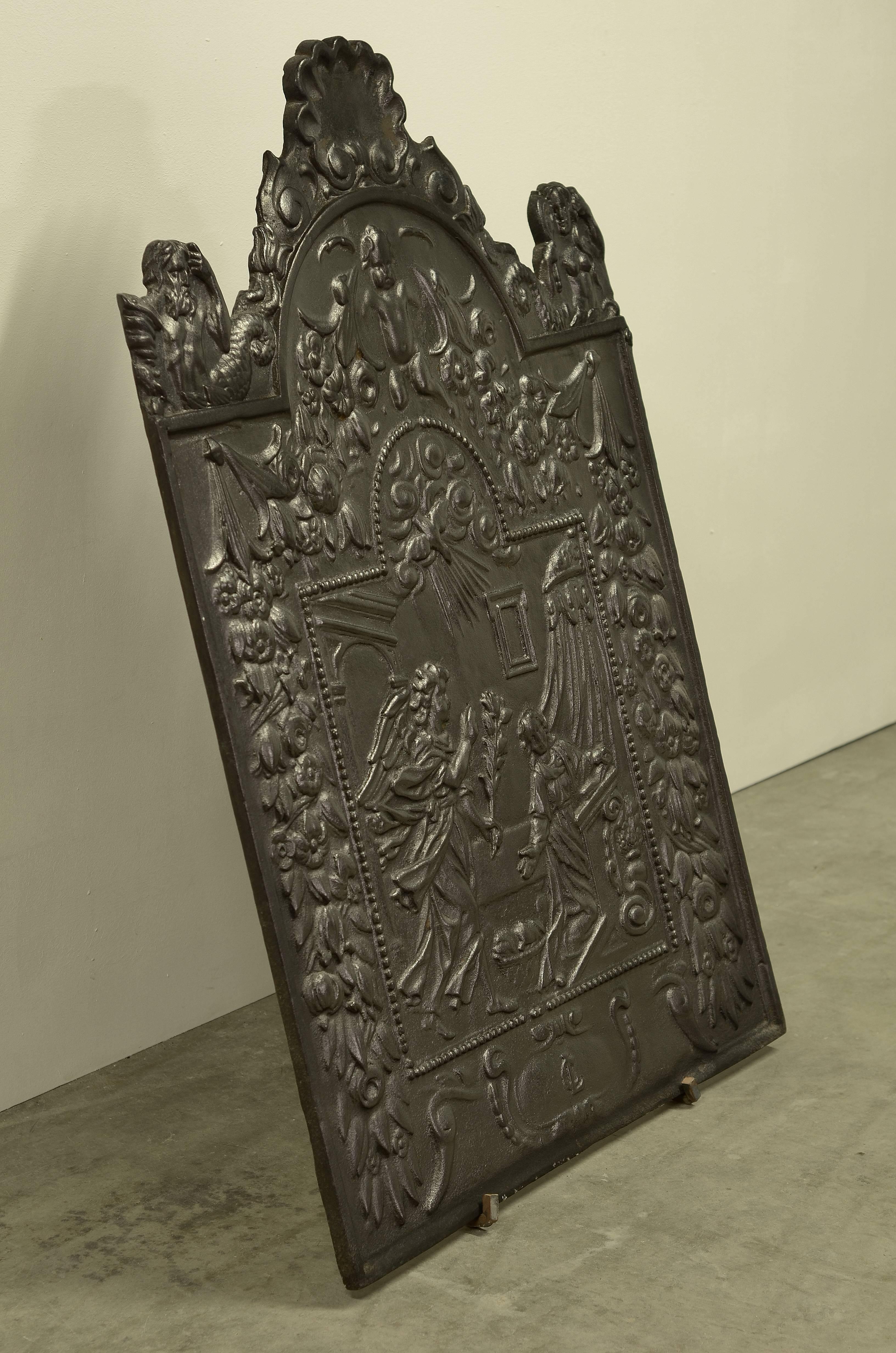 Iron Huge Antique Fireback, Annunciation to the Blessed Virgin Mary For Sale