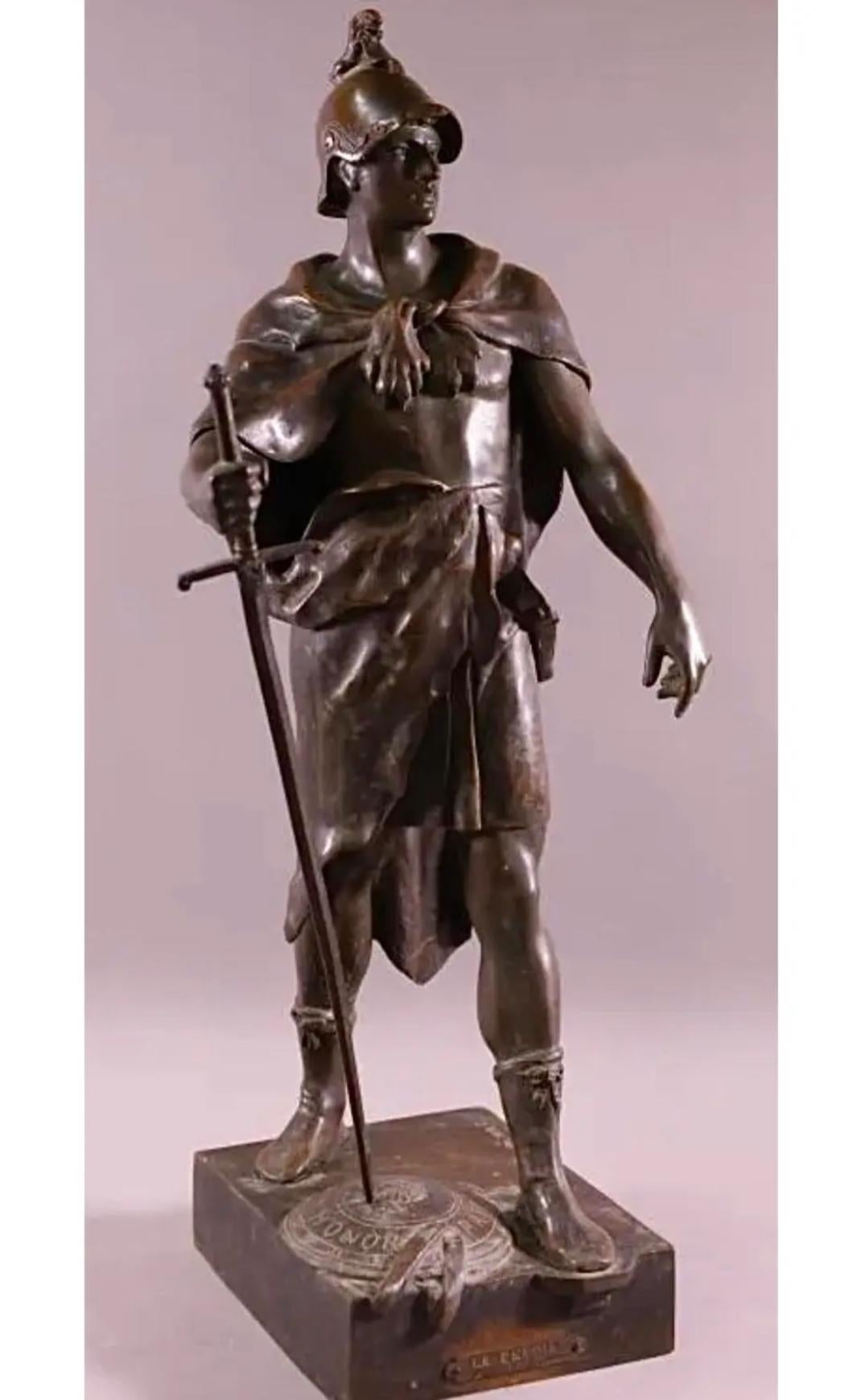 Huge Antique French Bronze Roman Soldier Sculpture by Picault In Good Condition For Sale In LOS ANGELES, CA