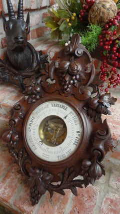 HUGE Antique French Carved Oak BLACK FOREST BAROMETER w Grapes Wine Wall Hanging