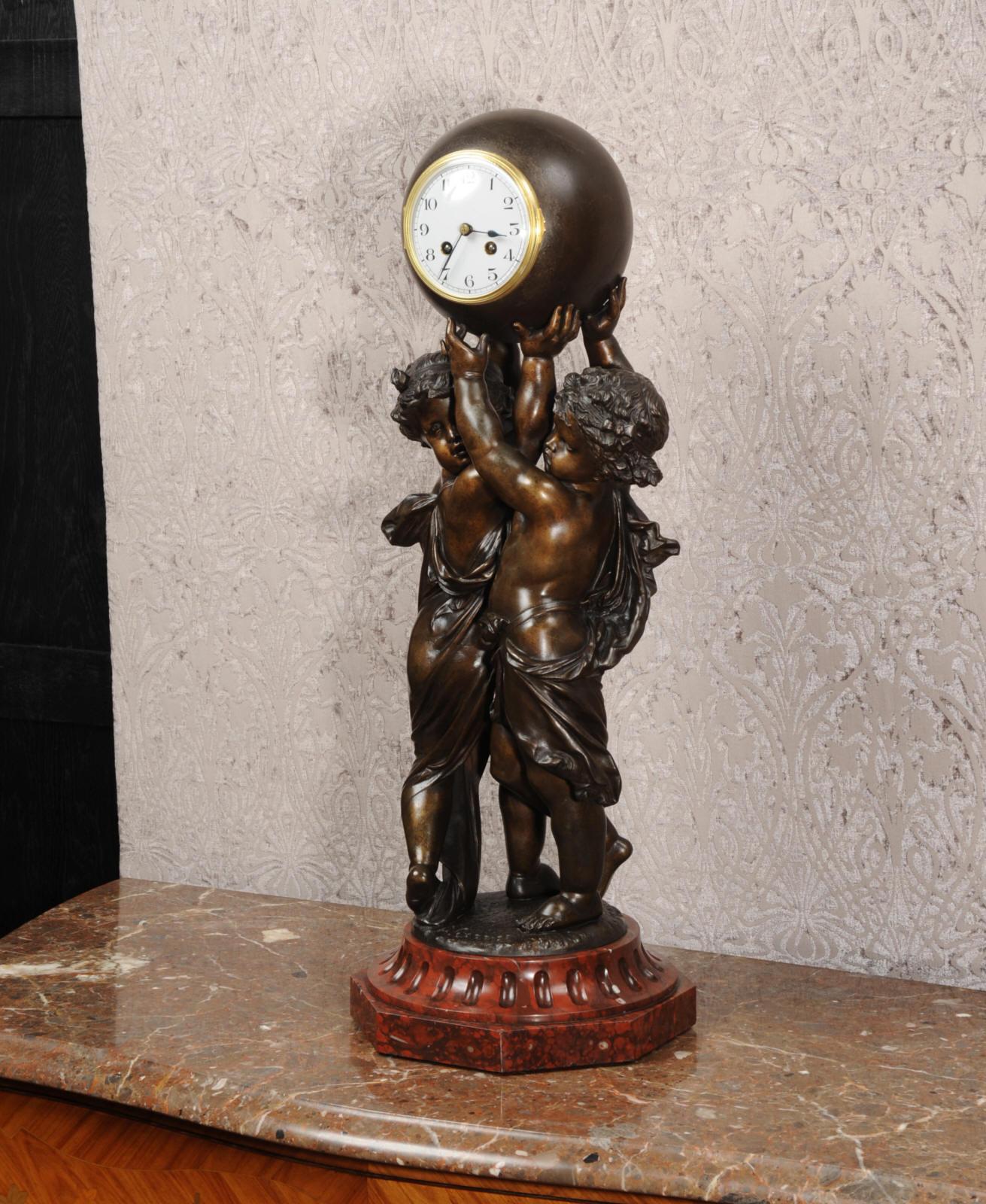 Huge Antique French Clock, Cherubs Carrying Time by Carrier For Sale 6