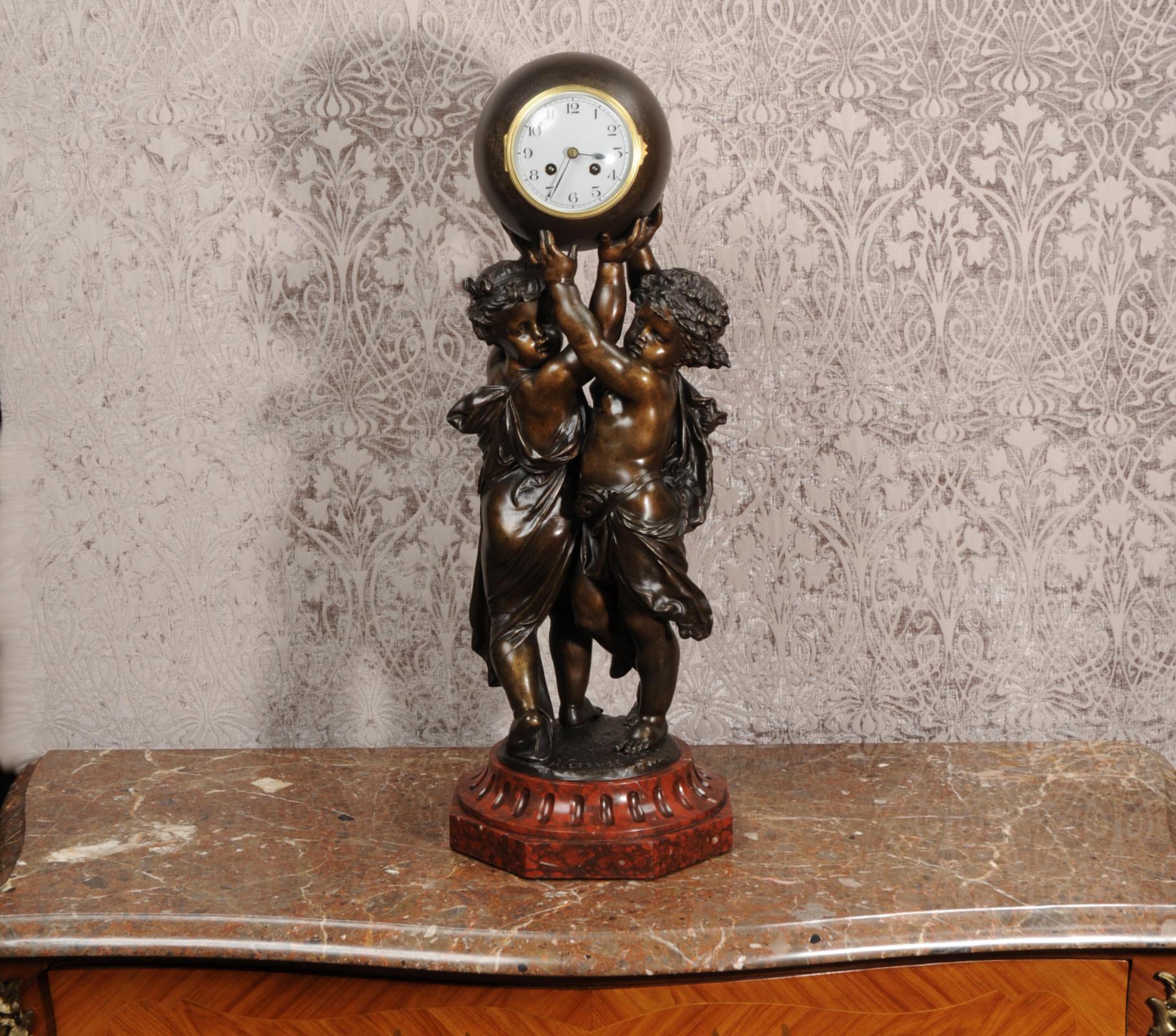 Neoclassical Huge Antique French Clock, Cherubs Carrying Time by Carrier For Sale