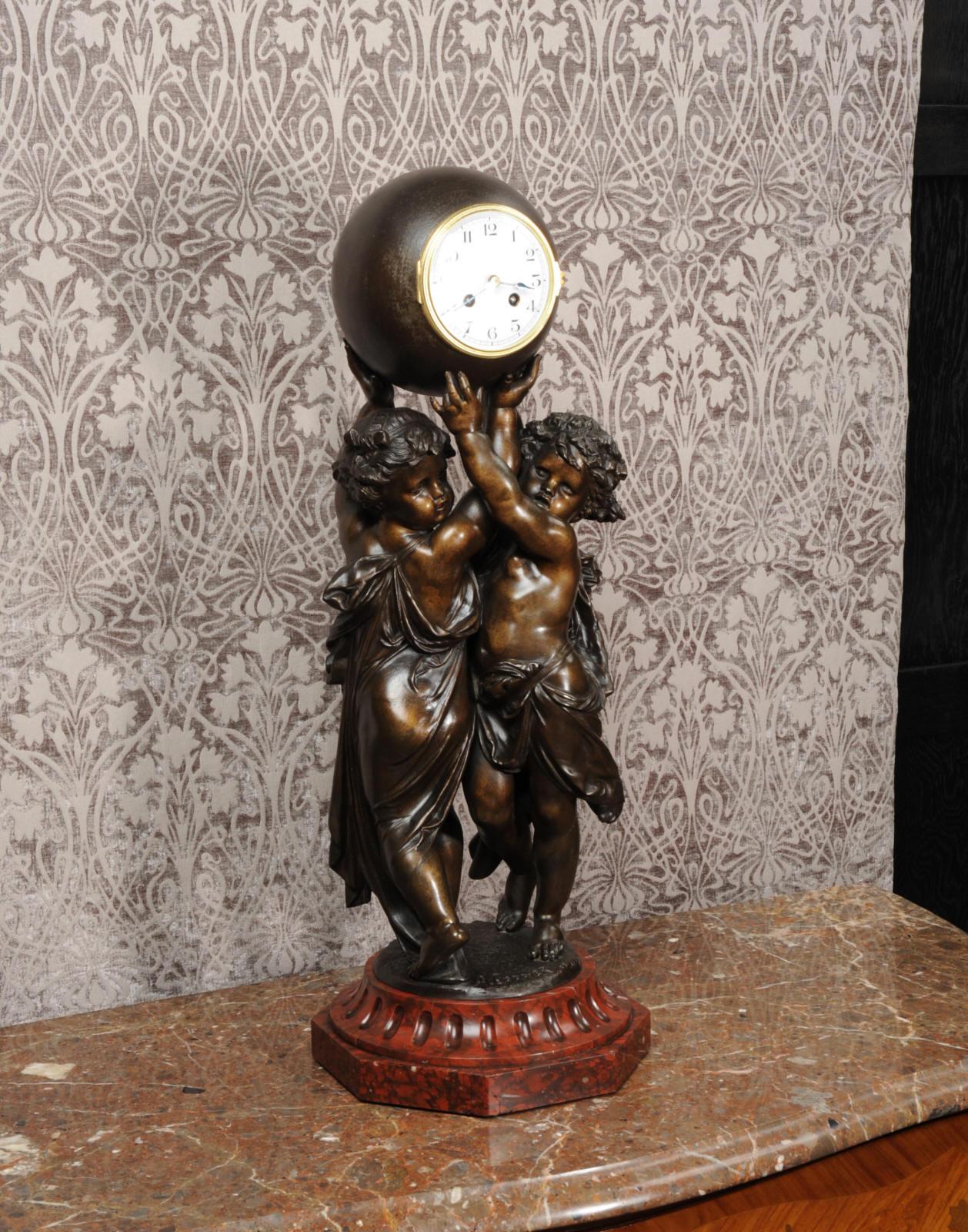 Patinated Huge Antique French Clock, Cherubs Carrying Time by Carrier For Sale