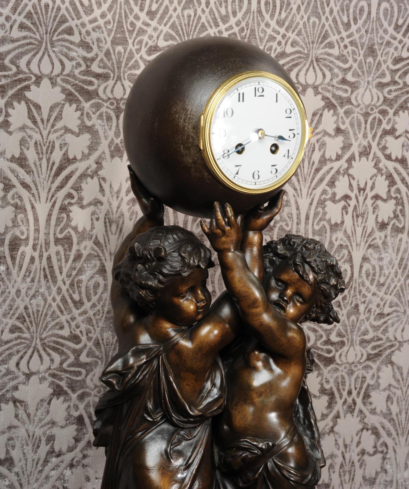 Metal Huge Antique French Clock, Cherubs Carrying Time by Carrier For Sale