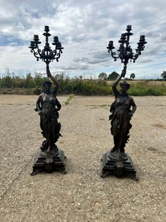 Huge Antique French Empire Bronze Figural Candelabra with Classical Females