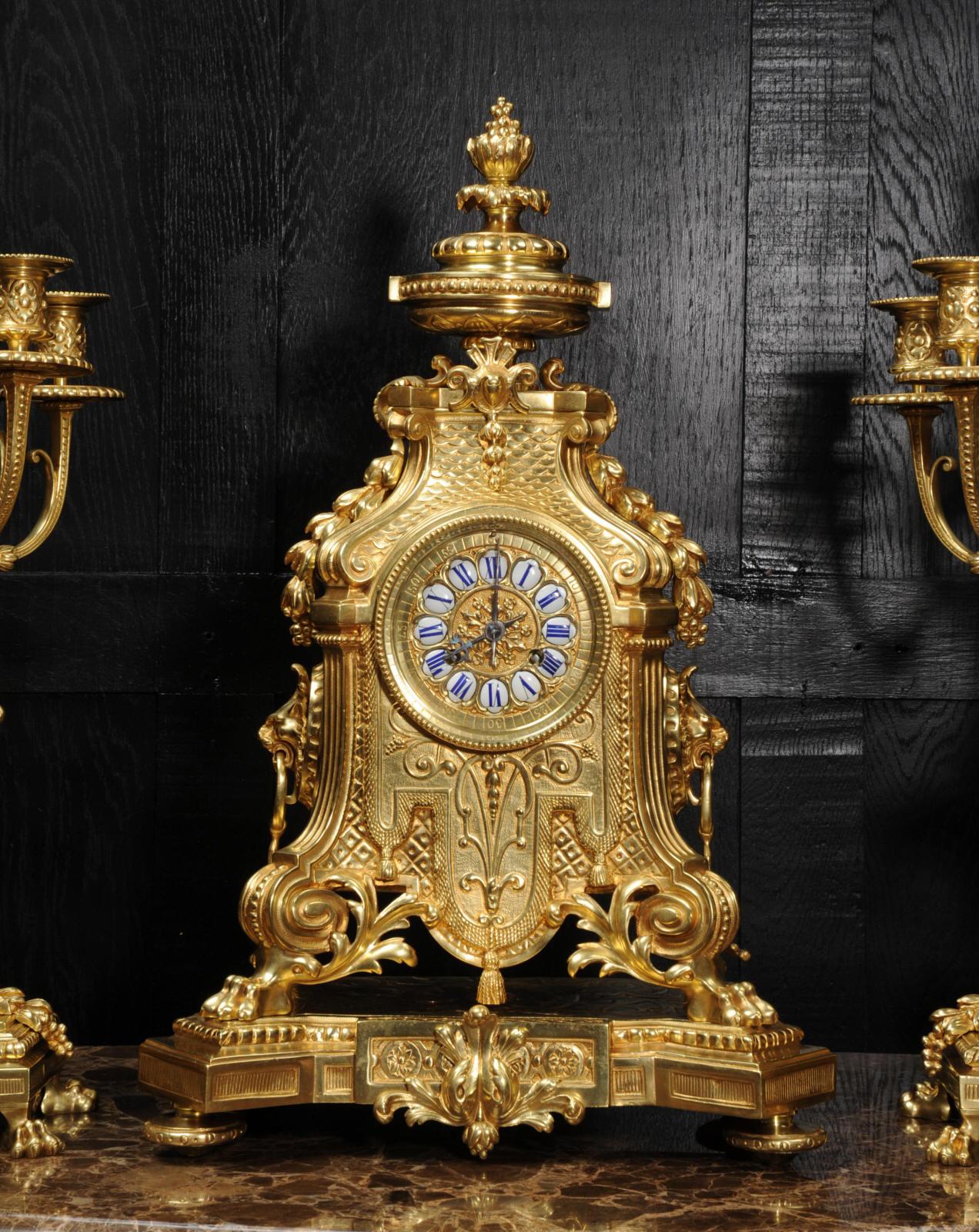 Huge Antique French Gilt Bronze Baroque Clock Set by Barrard and Vignon of Paris 6