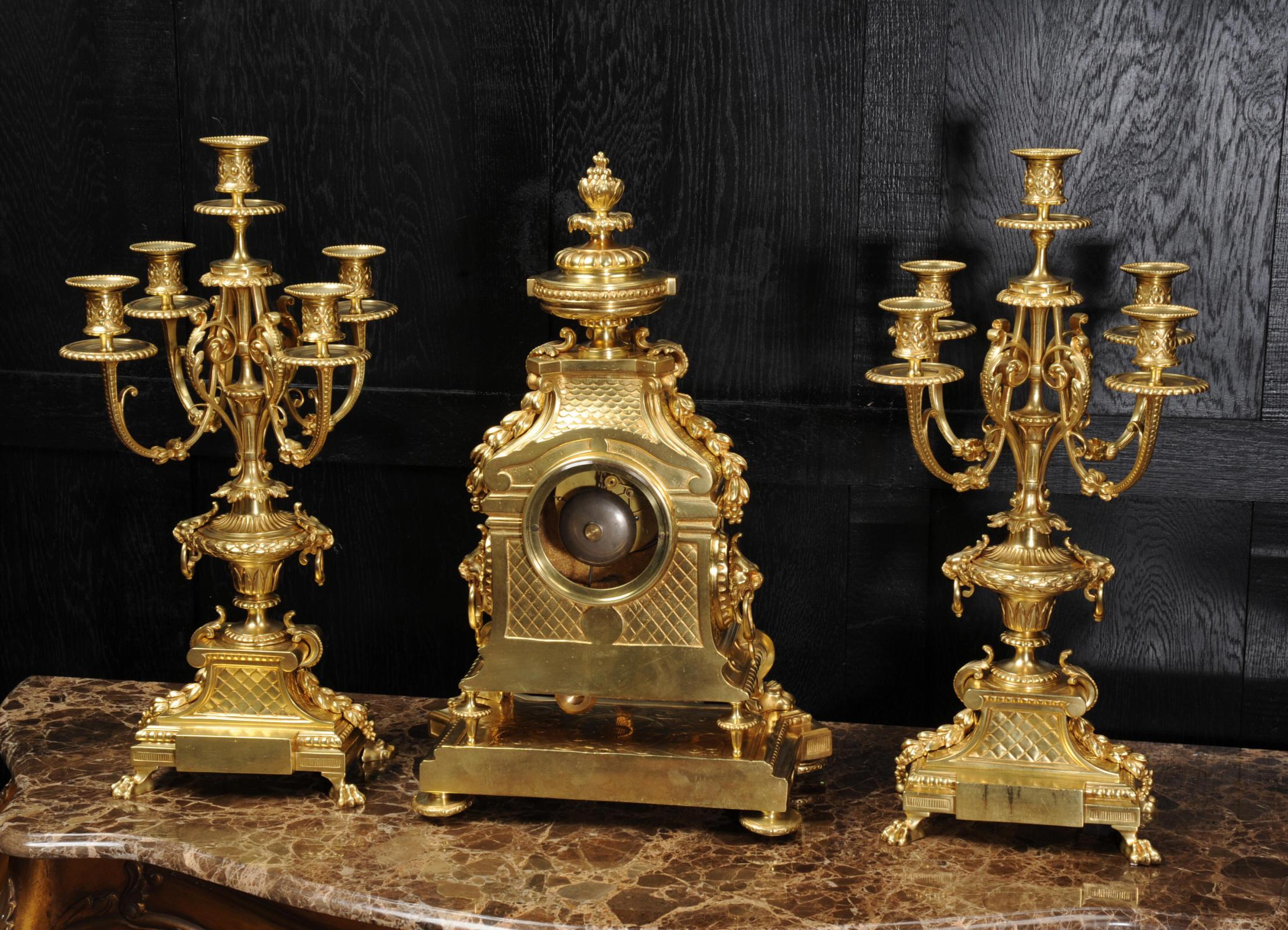 Huge Antique French Gilt Bronze Baroque Clock Set by Barrard and Vignon of Paris 14