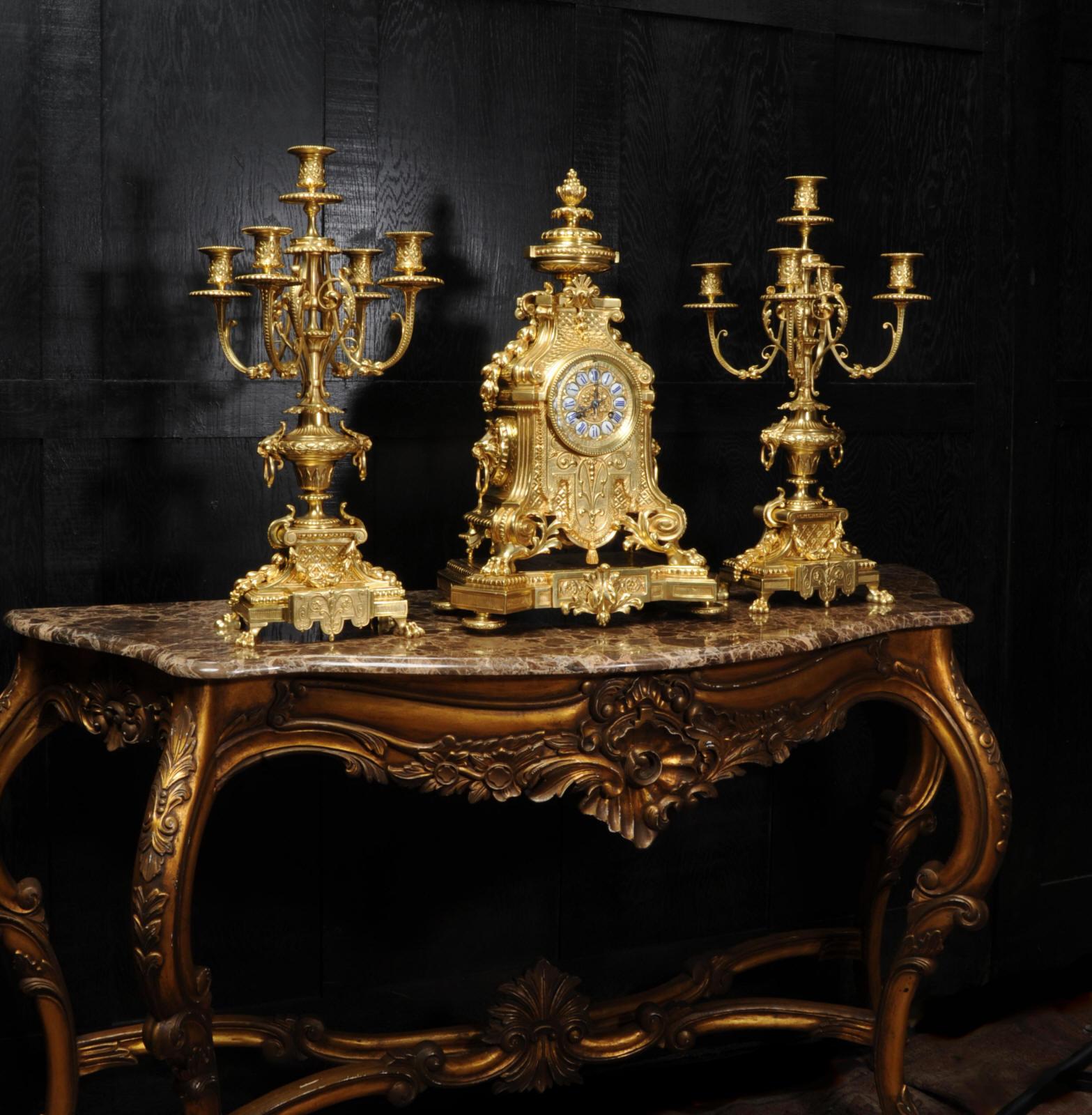 Huge Antique French Gilt Bronze Baroque Clock Set by Barrard and Vignon of Paris 2