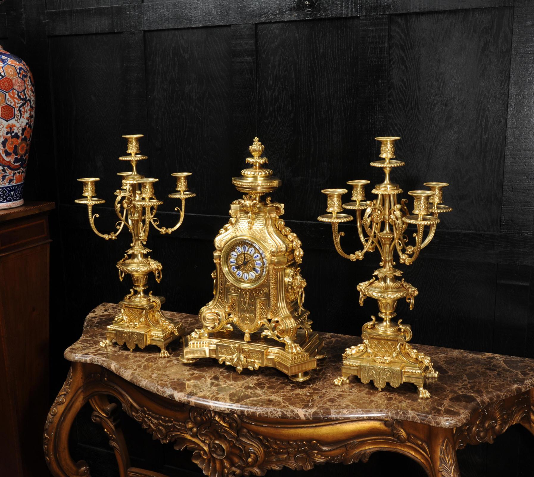 Huge Antique French Gilt Bronze Baroque Clock Set by Barrard and Vignon of Paris 3