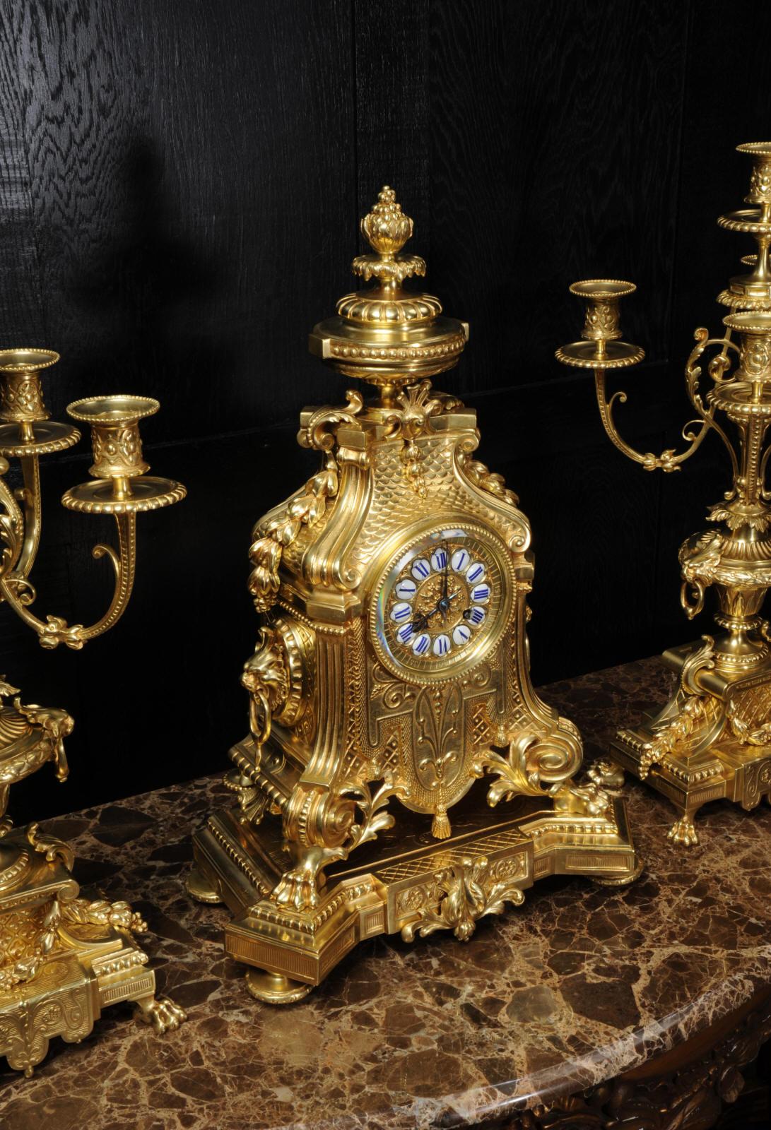 Huge Antique French Gilt Bronze Baroque Clock Set by Barrard and Vignon of Paris 4