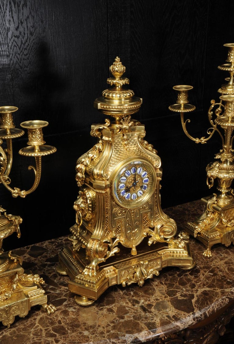 Huge Antique French Gilt Bronze Baroque Clock Set by Barrard and Vignon