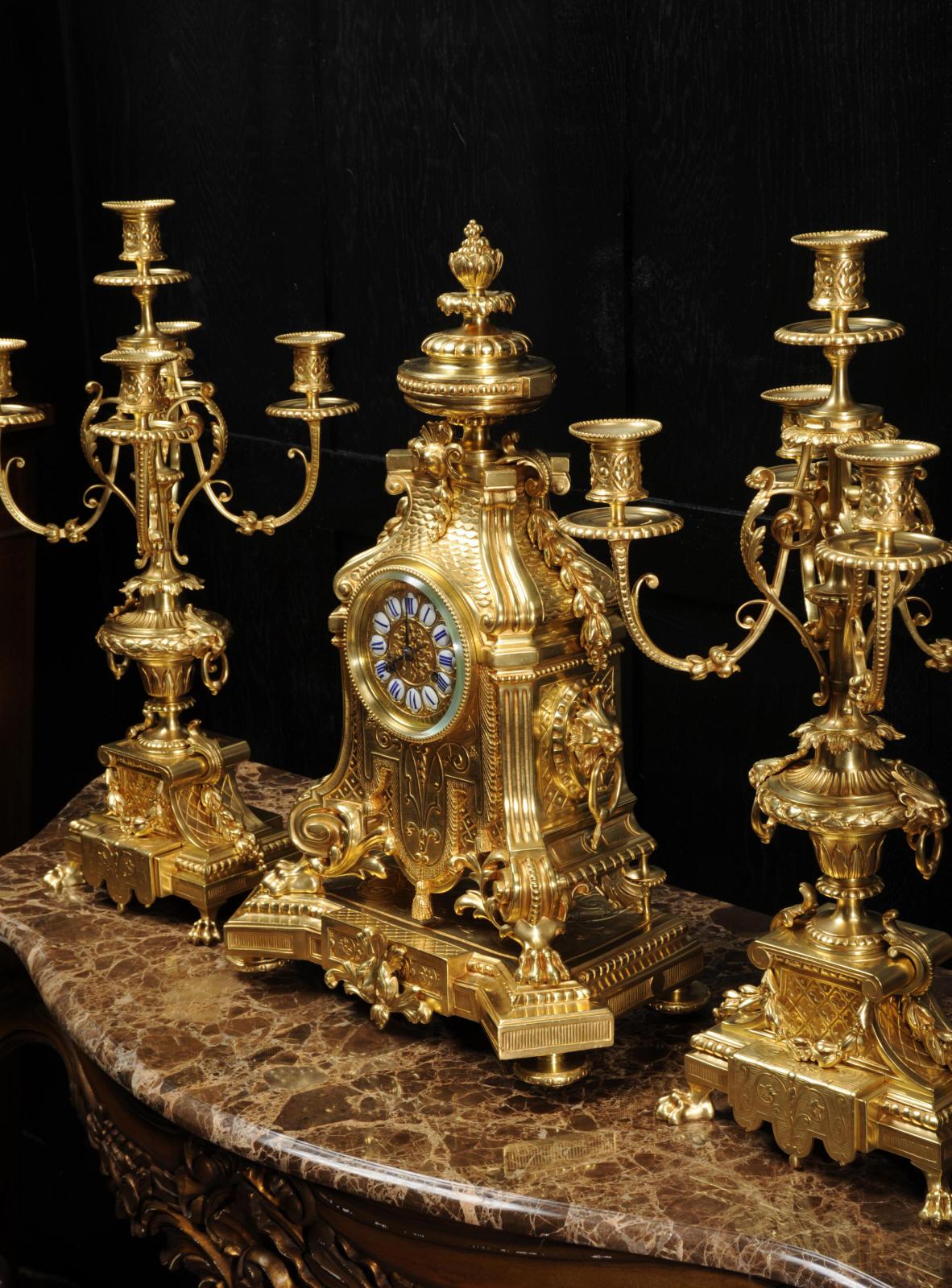 Huge Antique French Gilt Bronze Baroque Clock Set by Barrard and Vignon of Paris 5