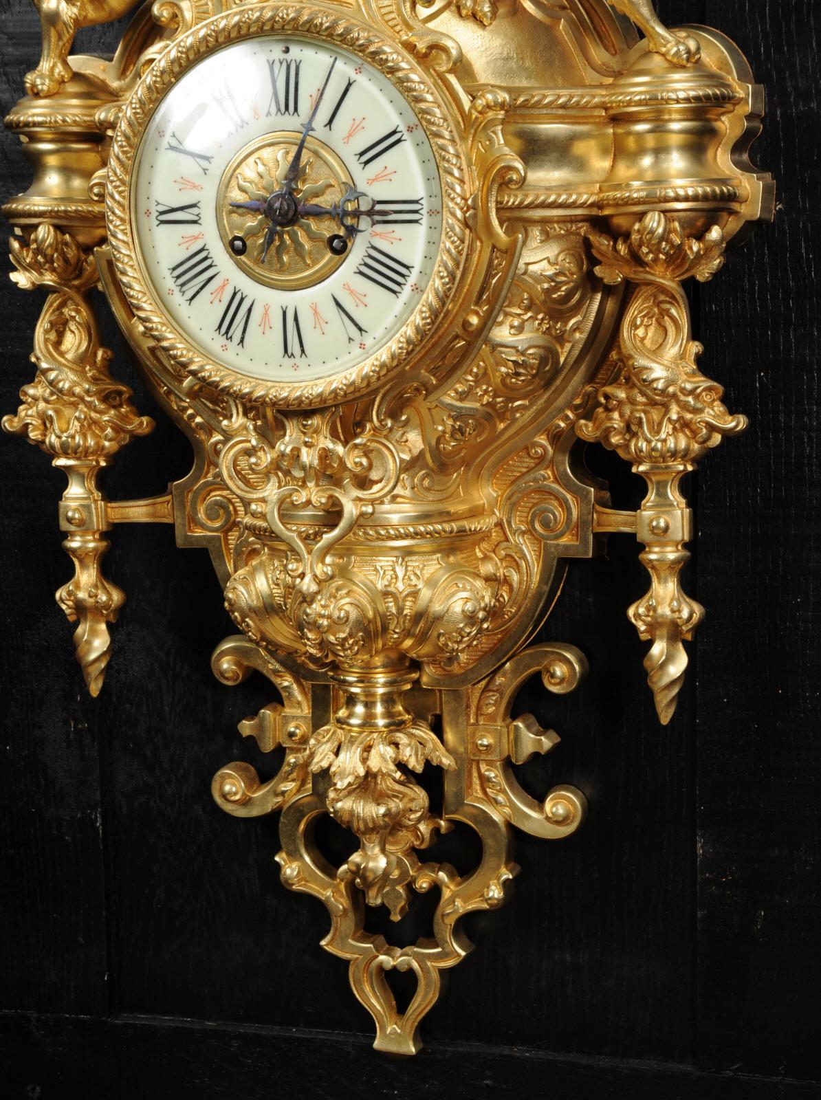Huge Antique French Gilt Bronze Cartel Wall Clock with Dragons 7