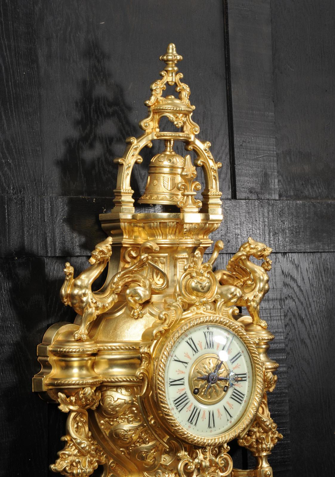 Huge Antique French Gilt Bronze Cartel Wall Clock with Dragons 8