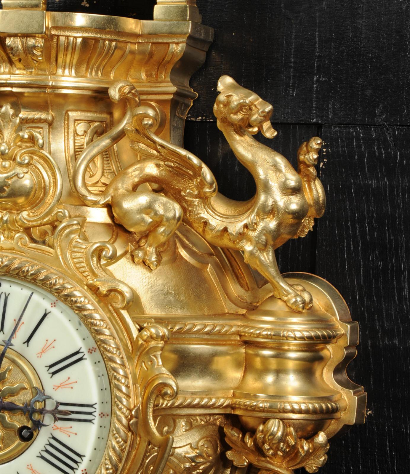 Baroque Huge Antique French Gilt Bronze Cartel Wall Clock with Dragons