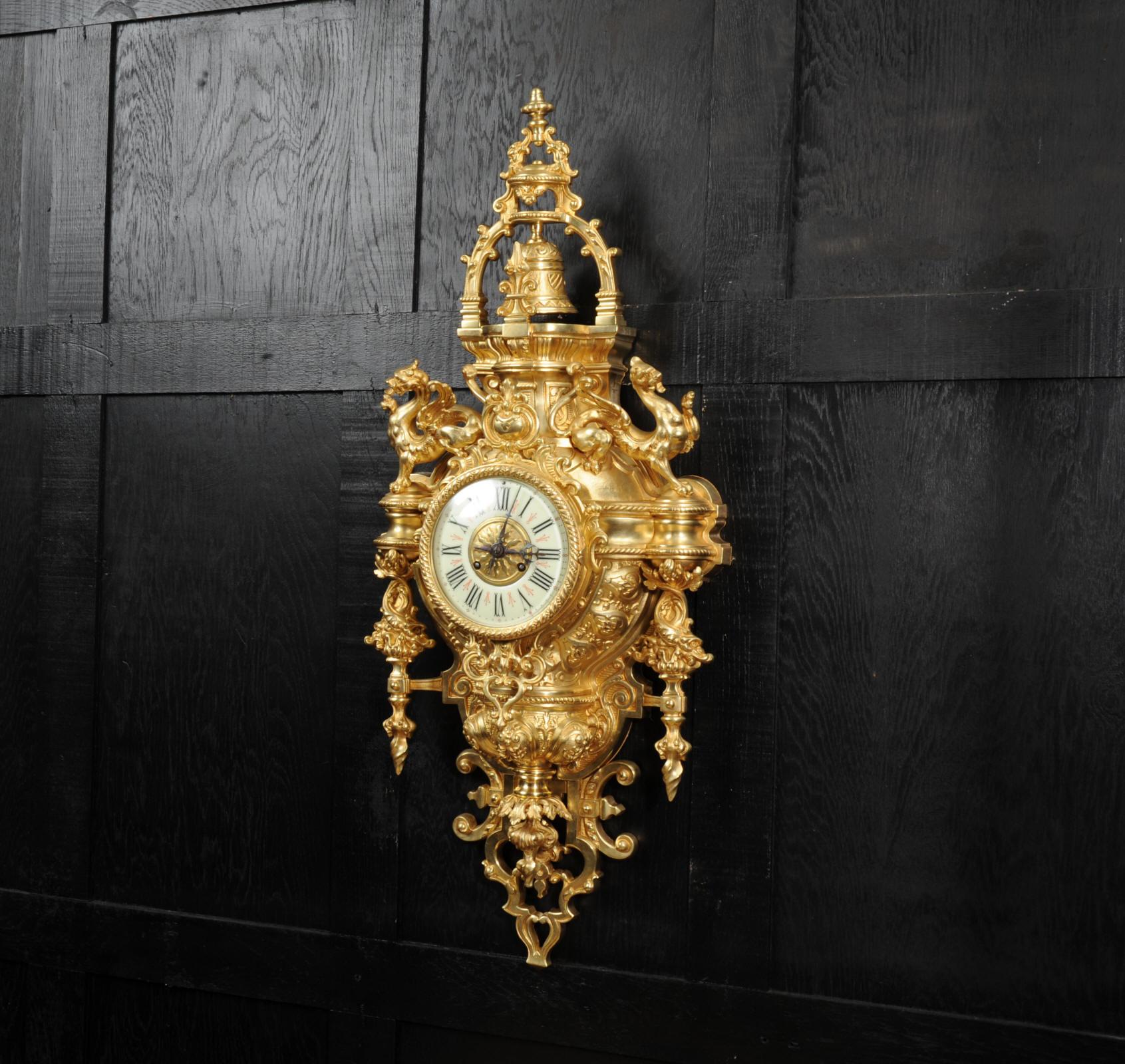 19th Century Huge Antique French Gilt Bronze Cartel Wall Clock with Dragons