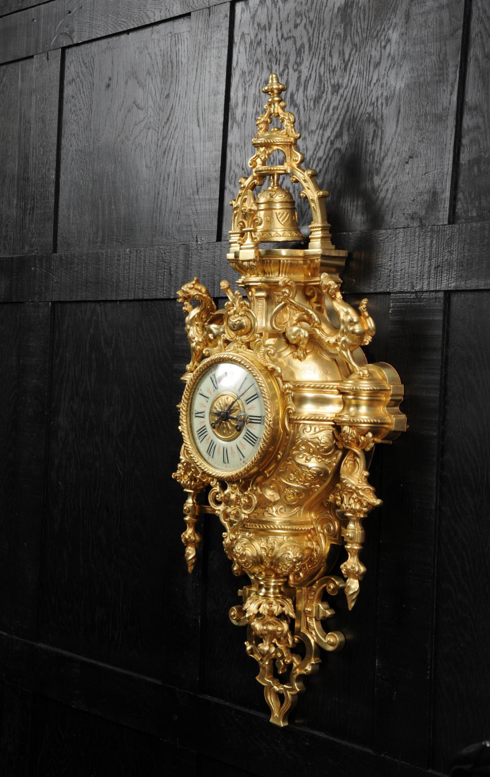 Huge Antique French Gilt Bronze Cartel Wall Clock with Dragons 2