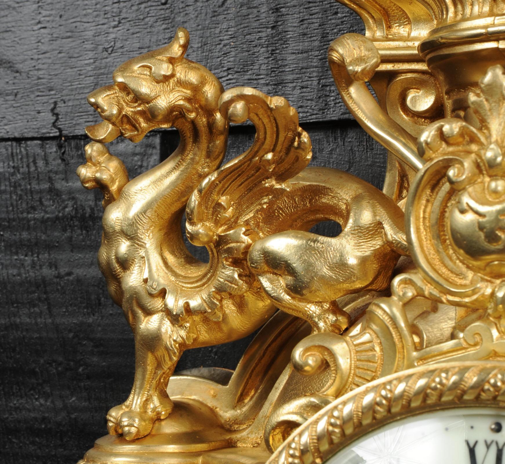 Huge Antique French Gilt Bronze Cartel Wall Clock with Dragons 3