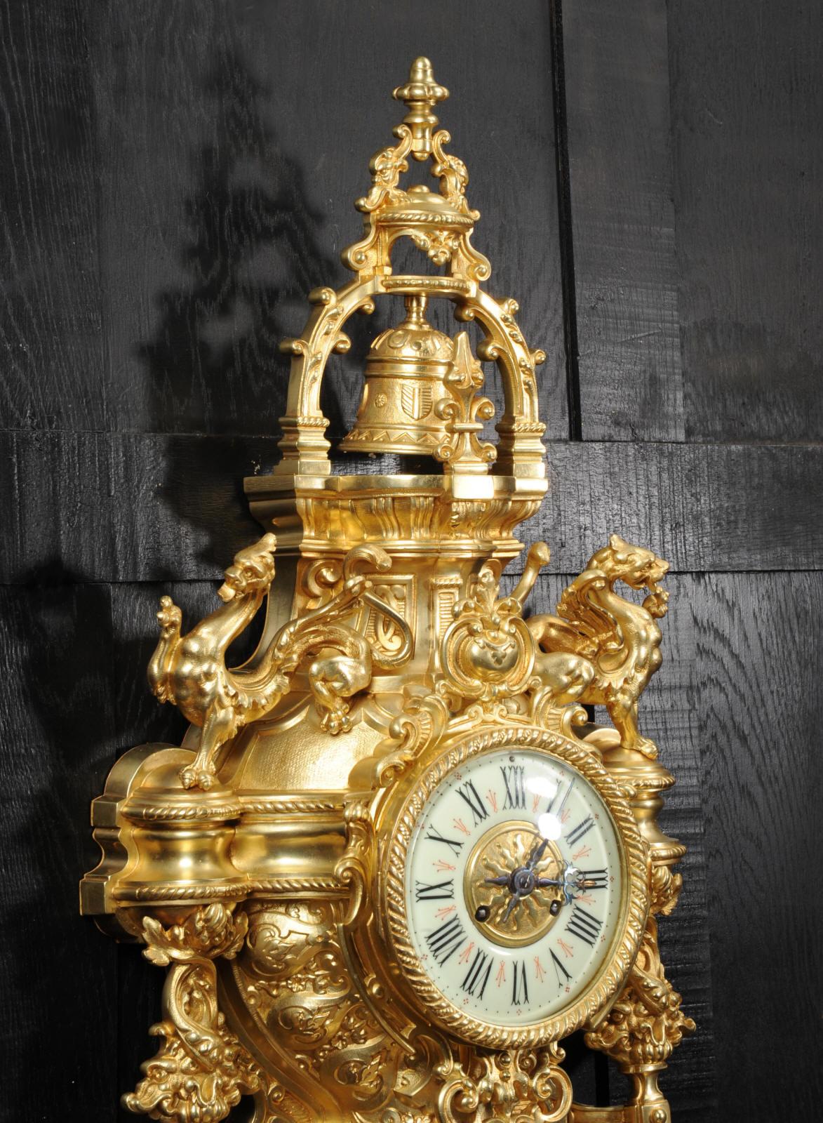 Huge Antique French Gilt Bronze Cartel Wall Clock with Dragons 4