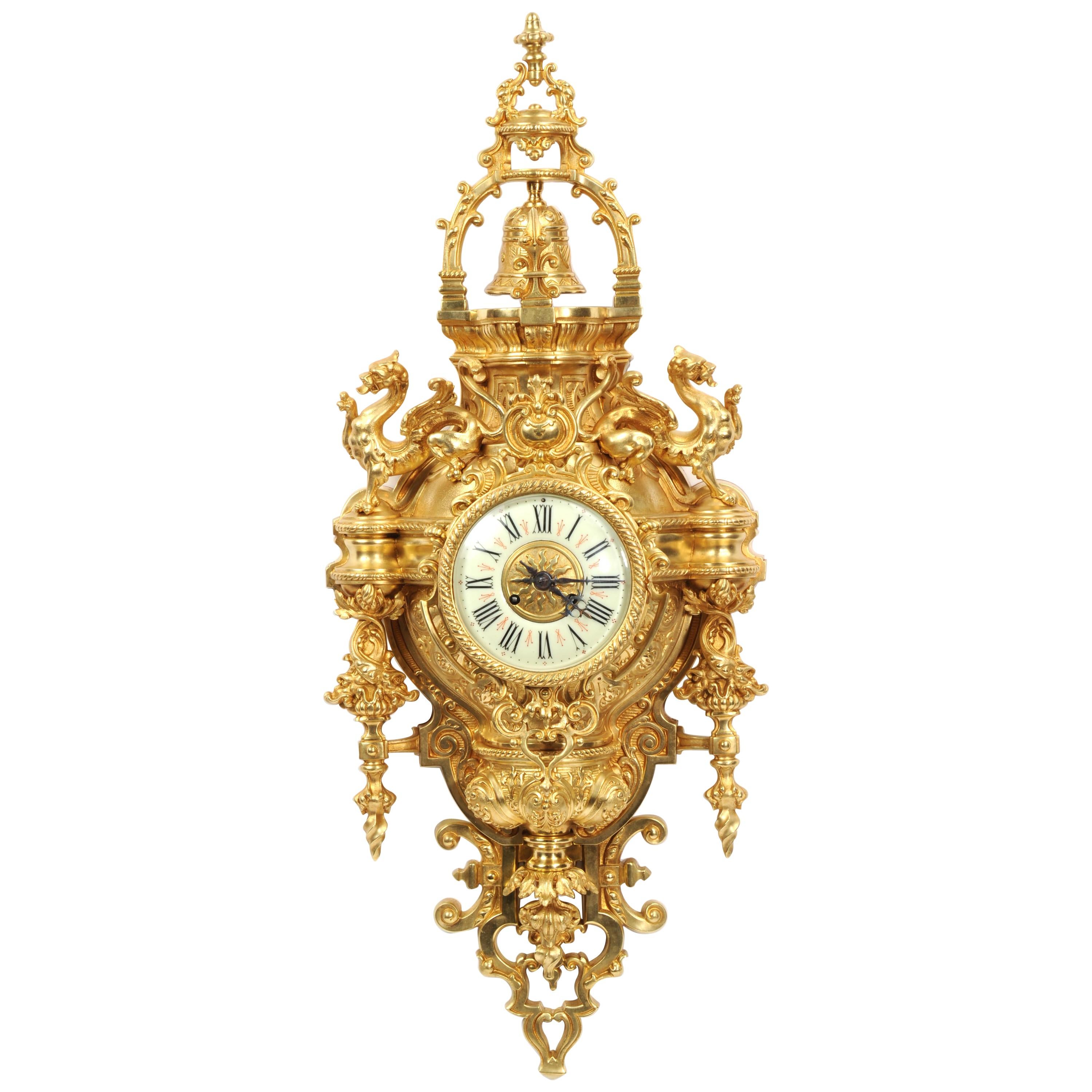 Huge Antique French Gilt Bronze Cartel Wall Clock with Dragons