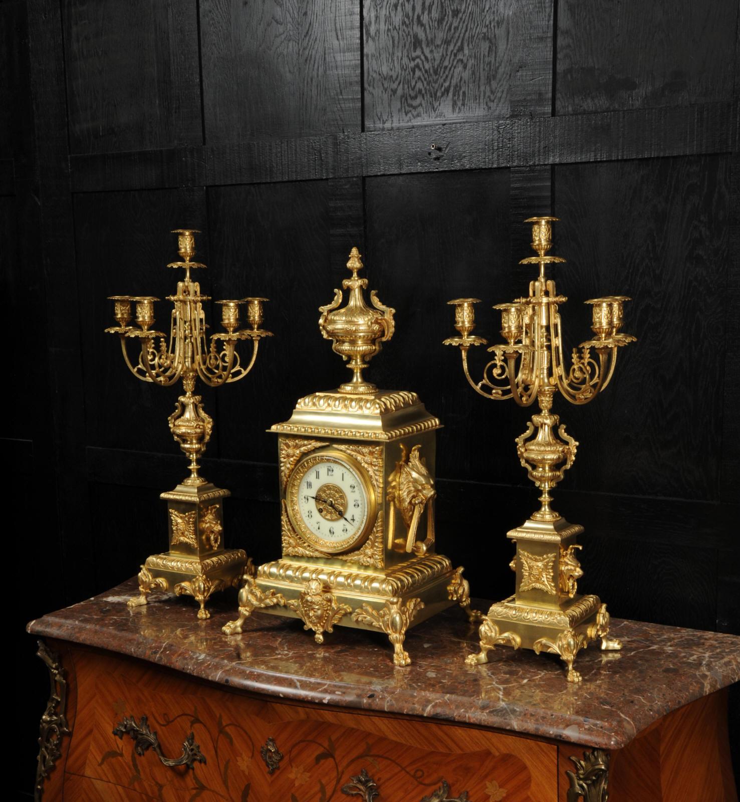 Huge Antique French Gilt Bronze Classical Clock Set For Sale 5