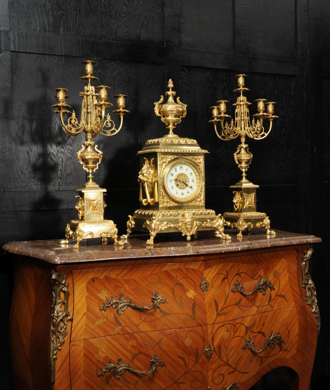 Huge Antique French Gilt Bronze Classical Clock Set For Sale 6