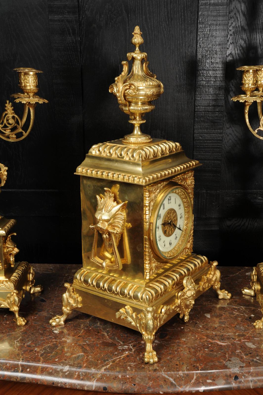 Huge Antique French Gilt Bronze Classical Clock Set For Sale 7