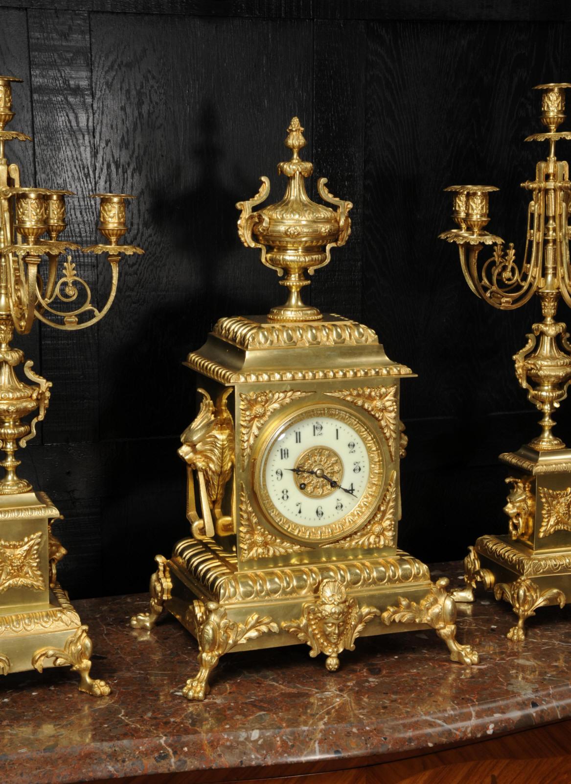 Huge Antique French Gilt Bronze Classical Clock Set For Sale 8