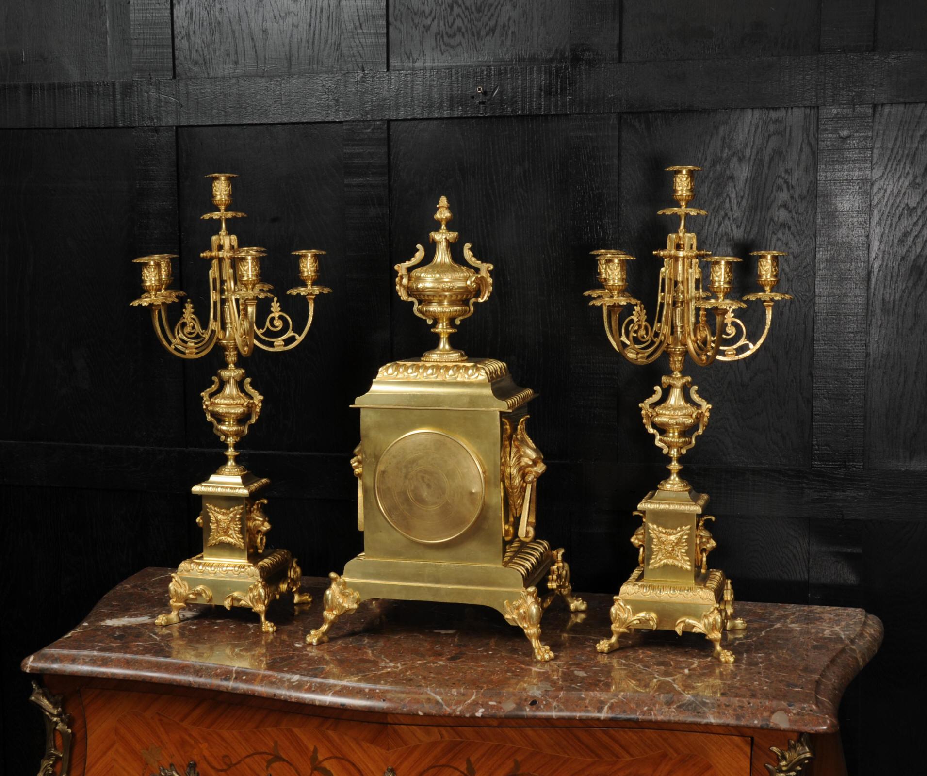 Huge Antique French Gilt Bronze Classical Clock Set For Sale 11