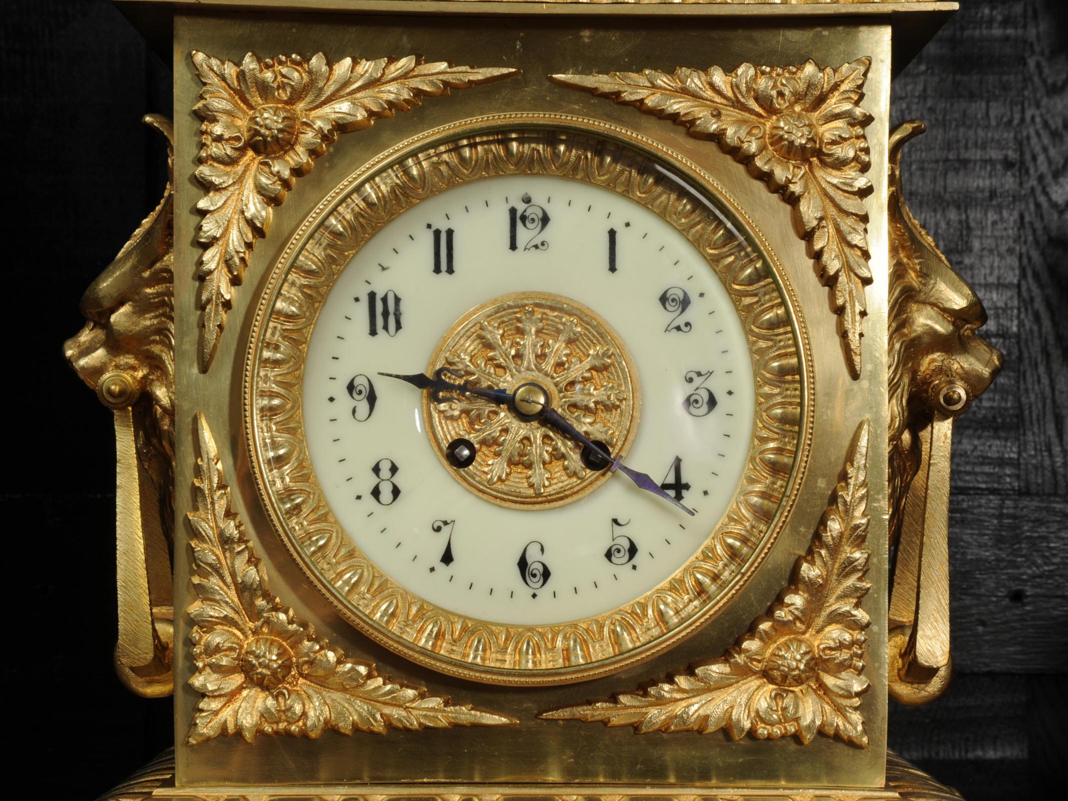 Huge Antique French Gilt Bronze Classical Clock Set For Sale 12