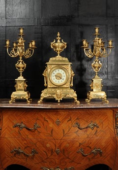 Huge Antique French Gilt Bronze Classical Clock Set