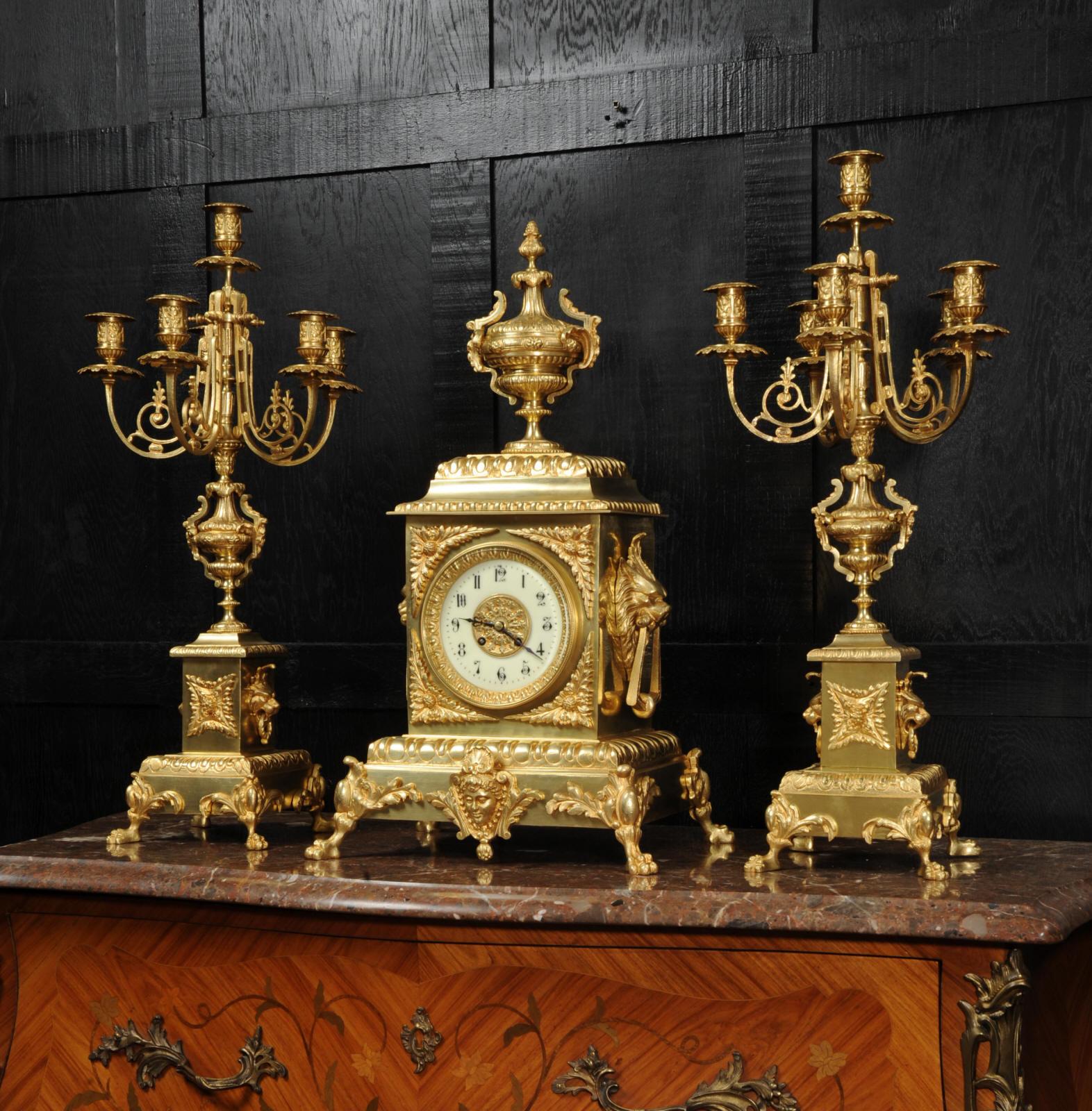 Neoclassical Huge Antique French Gilt Bronze Classical Clock Set For Sale