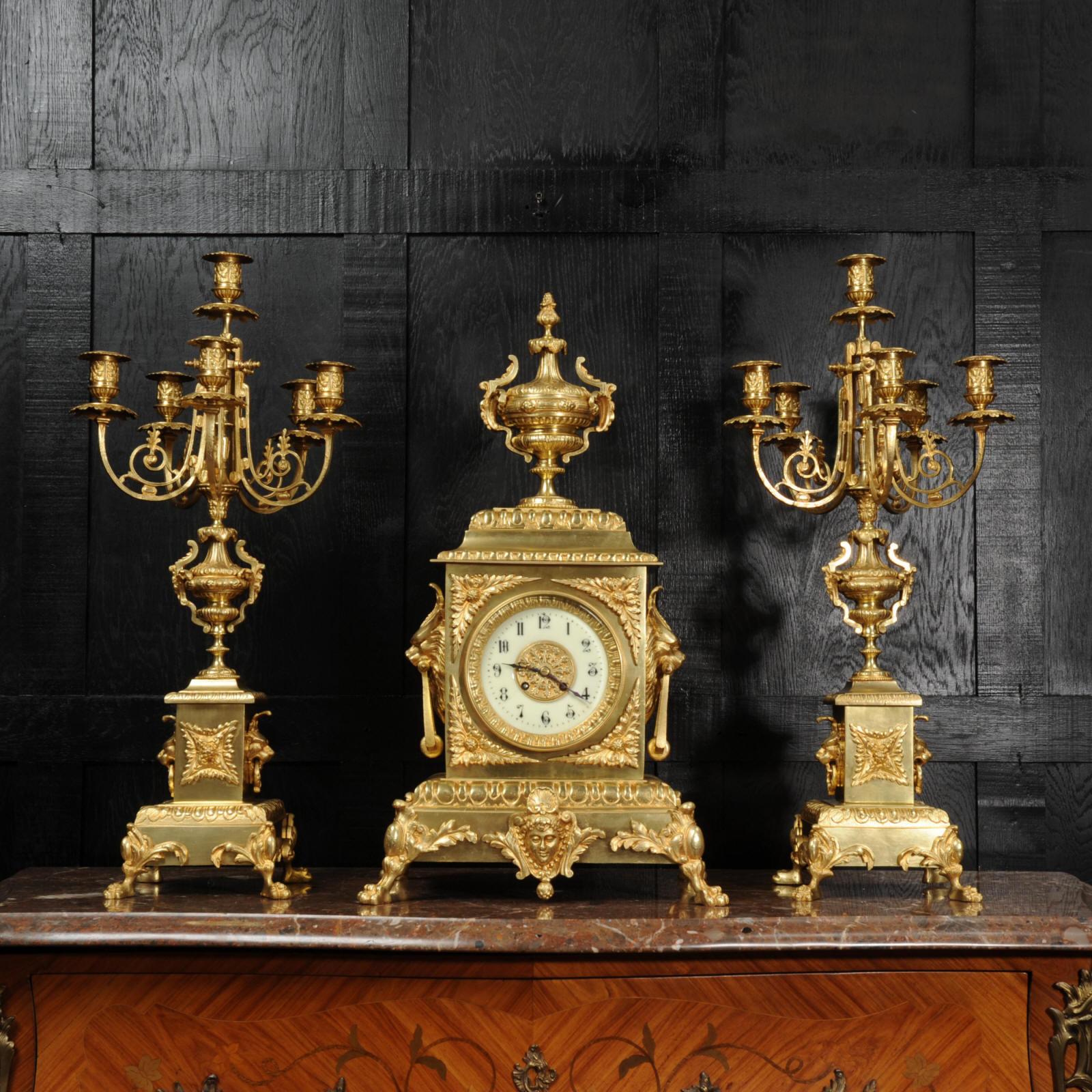 Huge Antique French Gilt Bronze Classical Clock Set For Sale 1