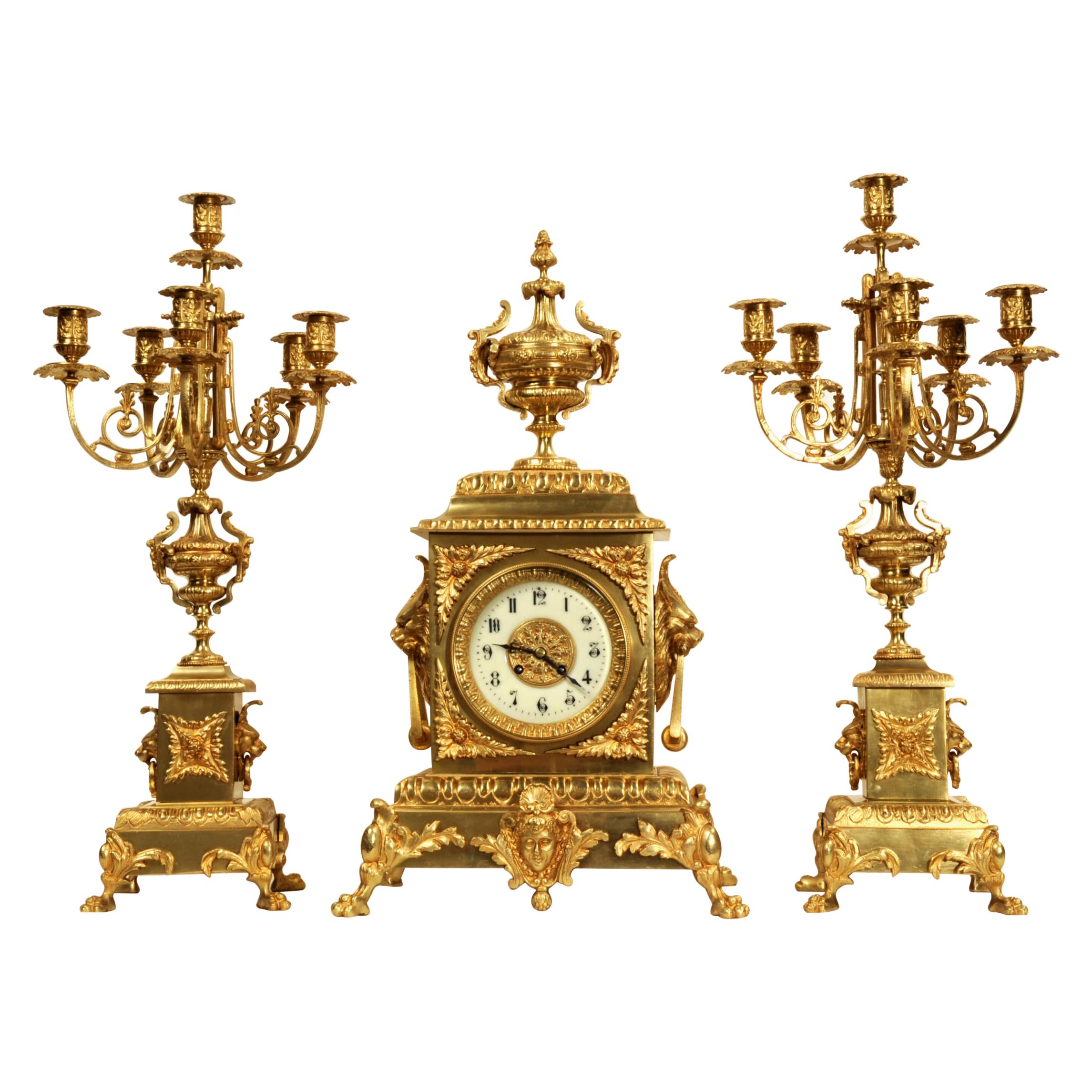 Huge Antique French Gilt Bronze Classical Clock Set