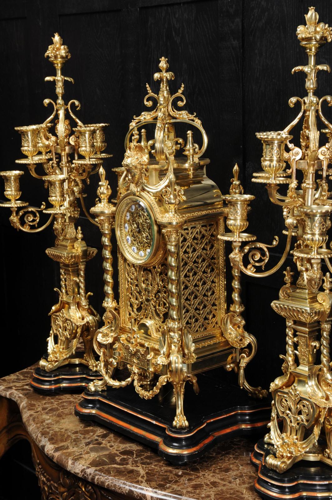 Huge Antique French Ormolu Bronze Baroque Clock Set 7