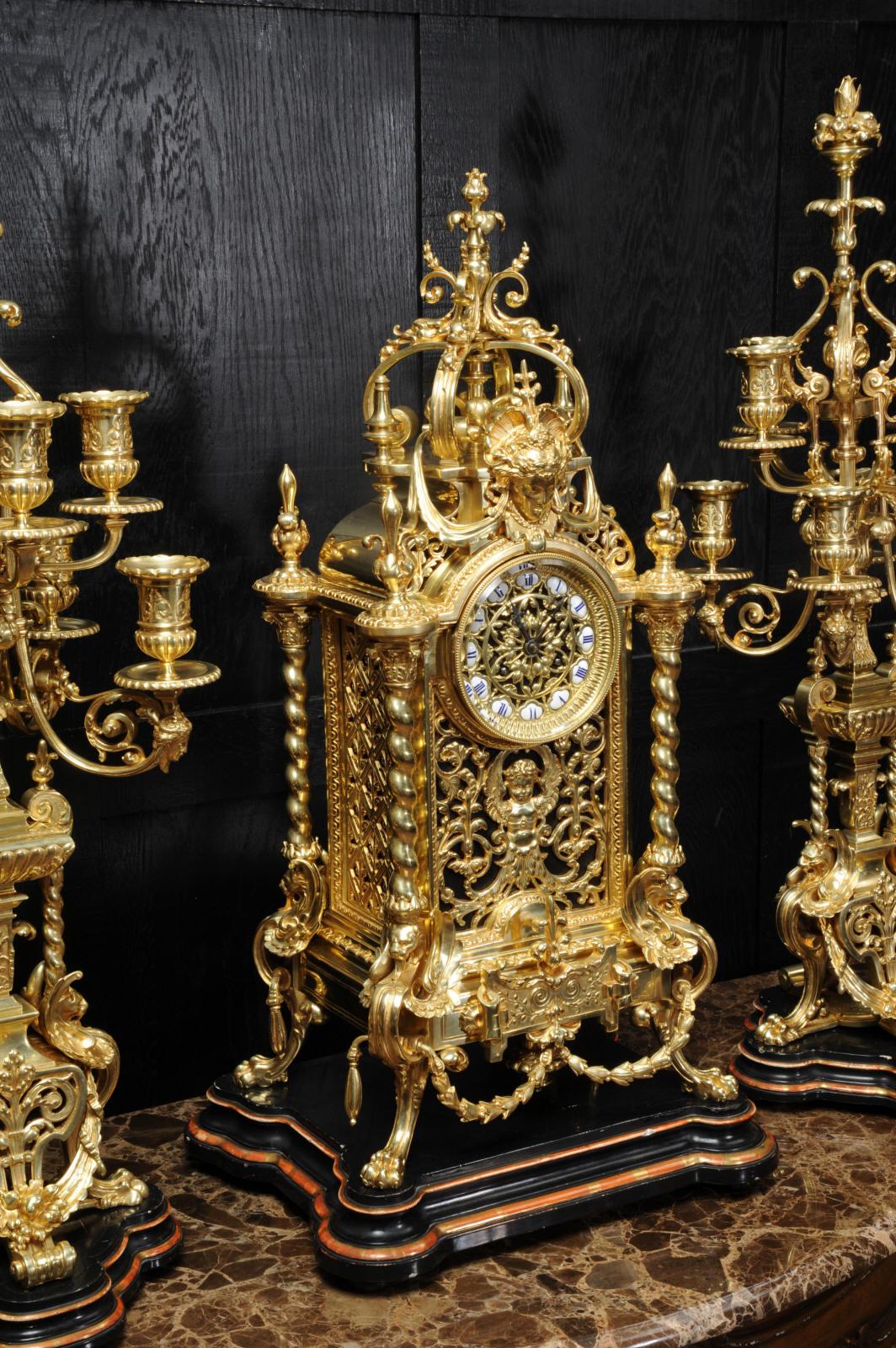 Huge Antique French Ormolu Bronze Baroque Clock Set 8