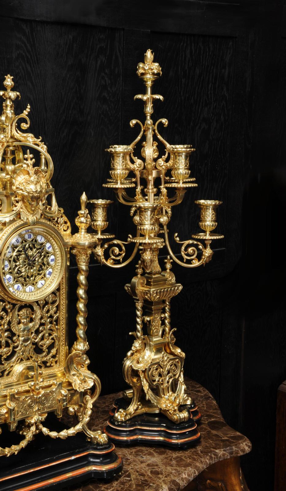 Huge Antique French Ormolu Bronze Baroque Clock Set 10