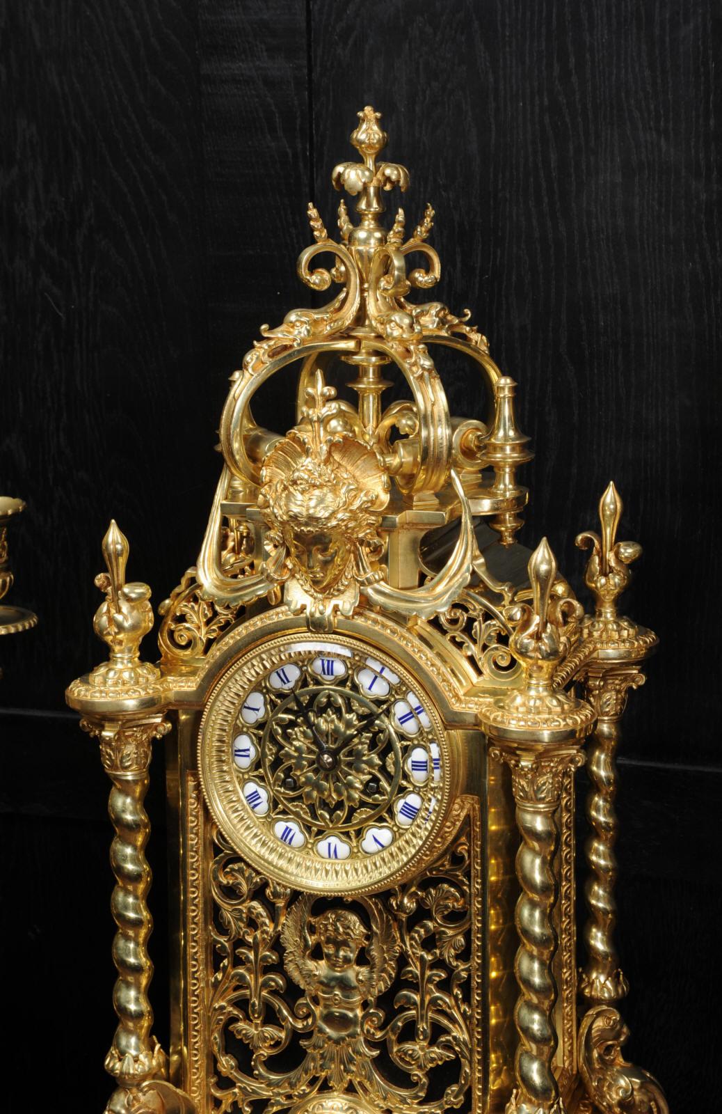 Huge Antique French Ormolu Bronze Baroque Clock Set 11