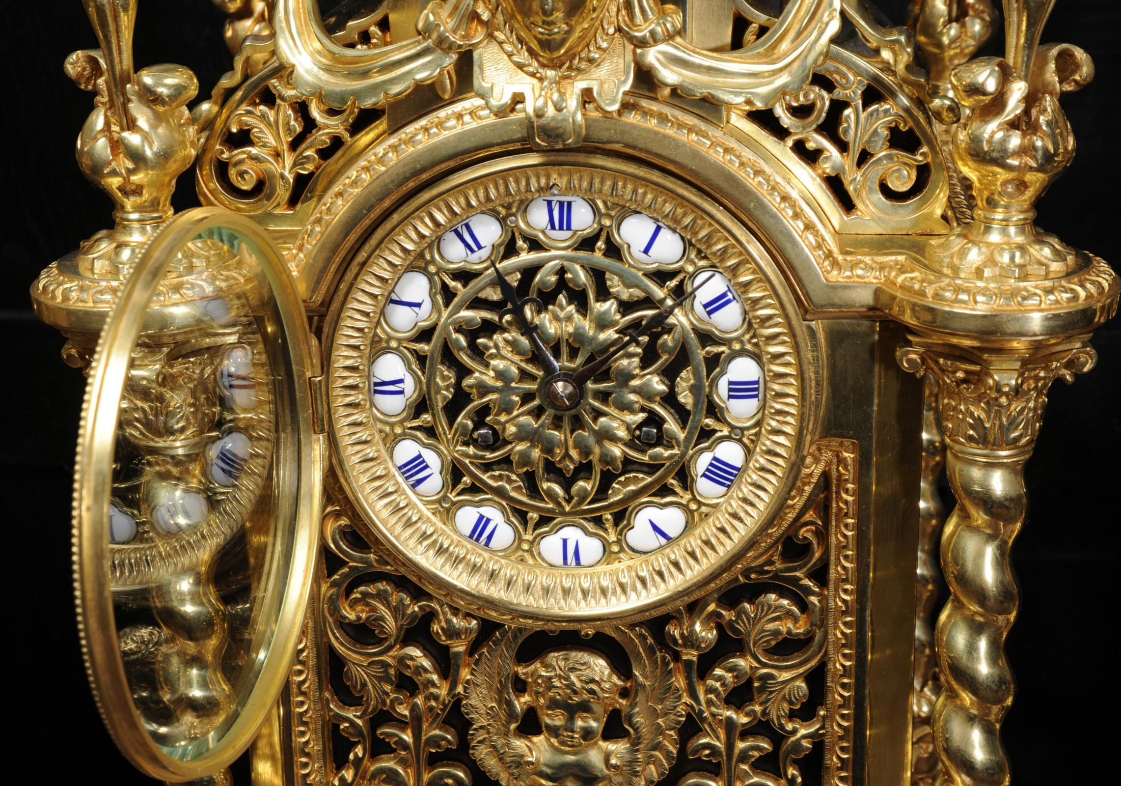 Huge Antique French Ormolu Bronze Baroque Clock Set 13
