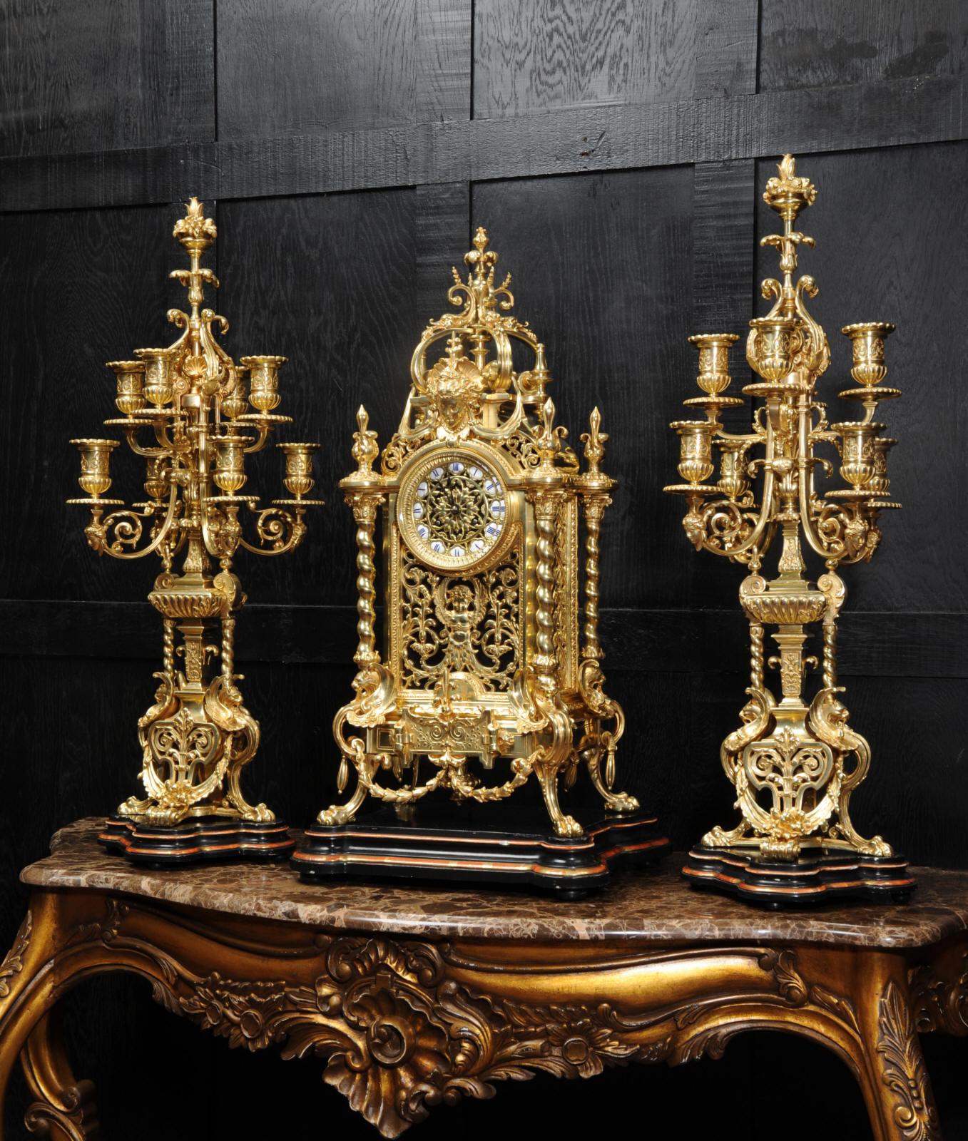 Baroque Revival Huge Antique French Ormolu Bronze Baroque Clock Set