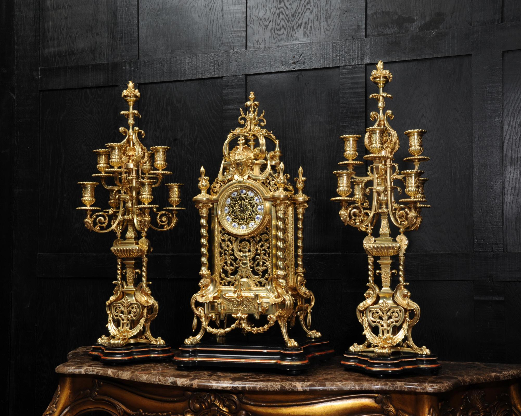 Huge Antique French Ormolu Bronze Baroque Clock Set In Good Condition In Belper, Derbyshire