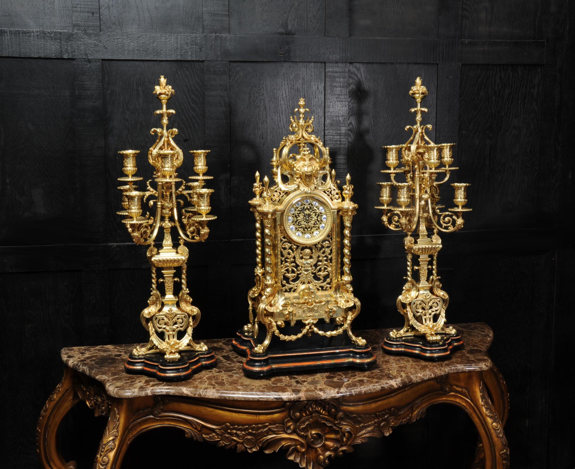 19th Century Huge Antique French Ormolu Bronze Baroque Clock Set