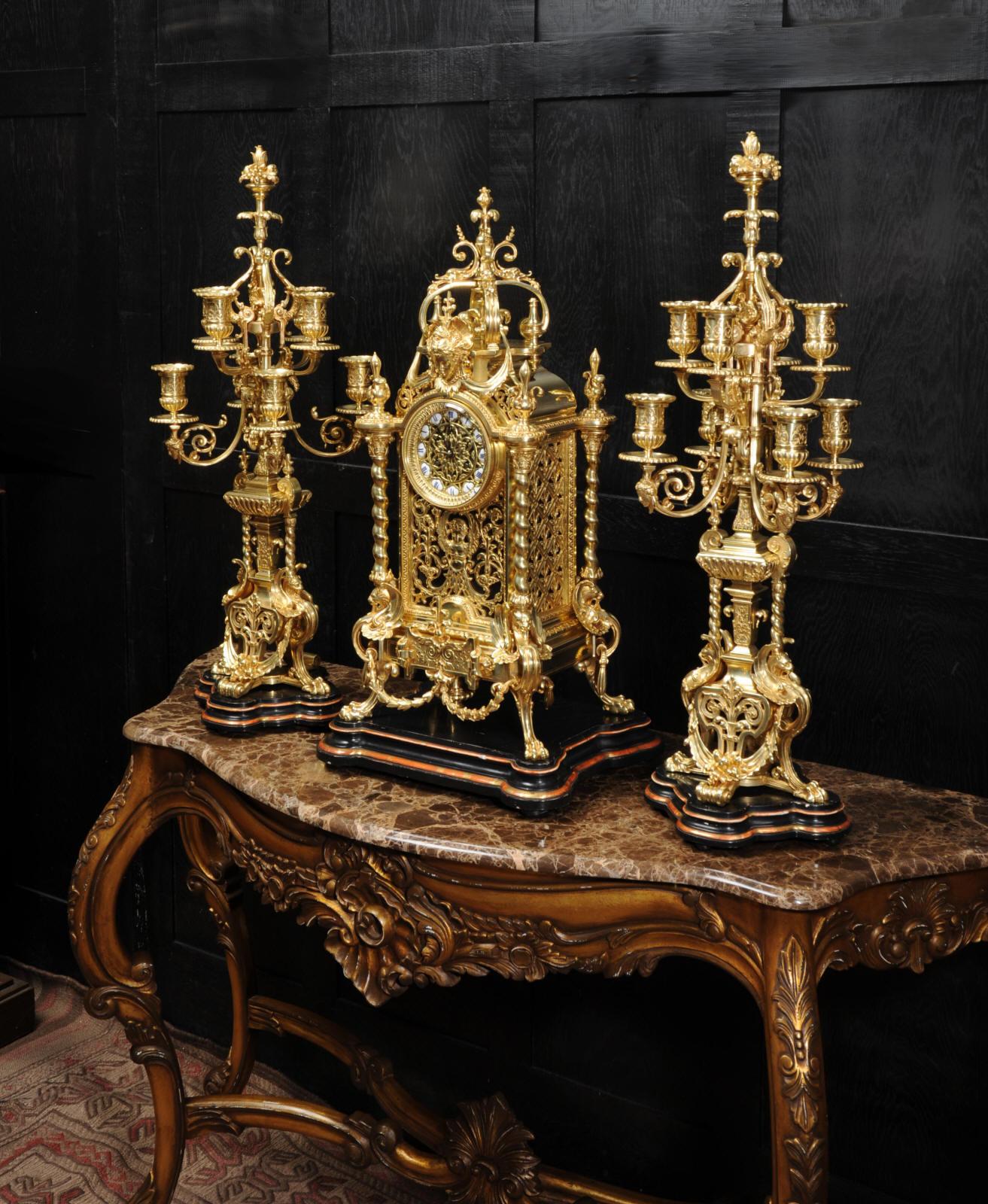 Huge Antique French Ormolu Bronze Baroque Clock Set 1