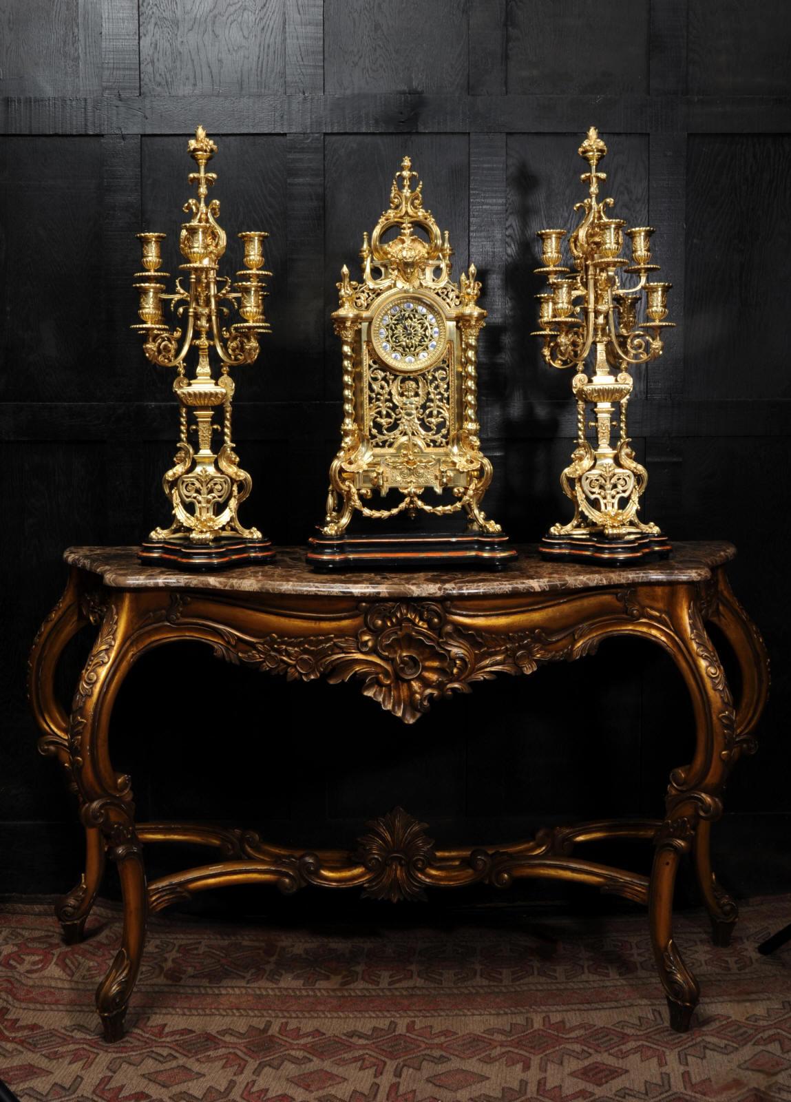 Huge Antique French Ormolu Bronze Baroque Clock Set 3