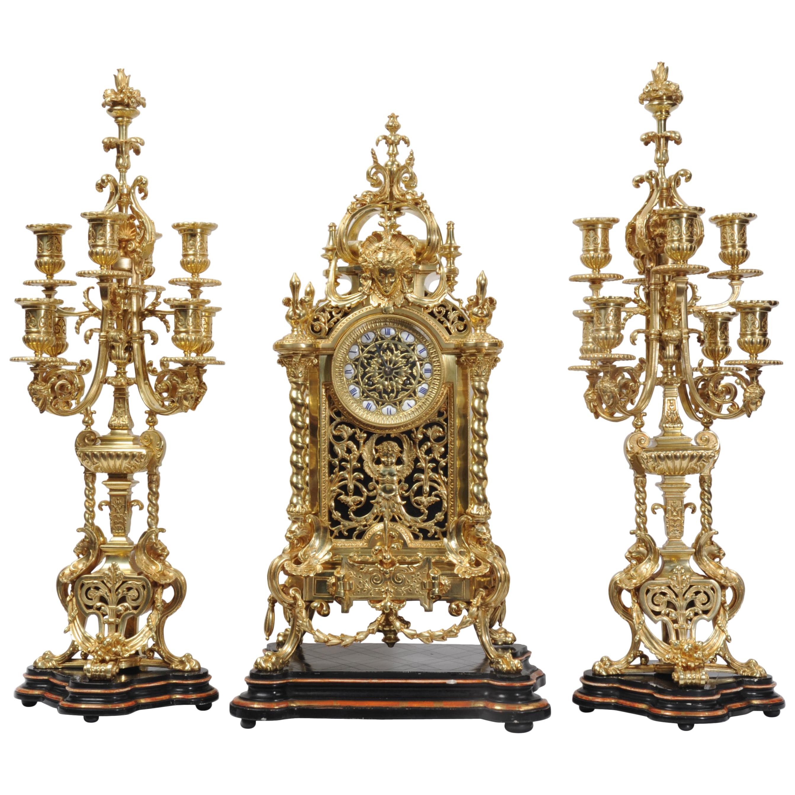 Huge Antique French Ormolu Bronze Baroque Clock Set