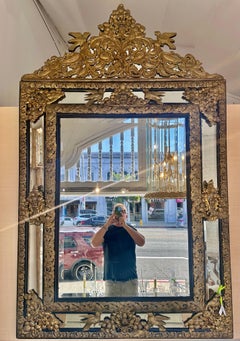 Enorme Antique French Repose Brass Mounted Mirror W Birds