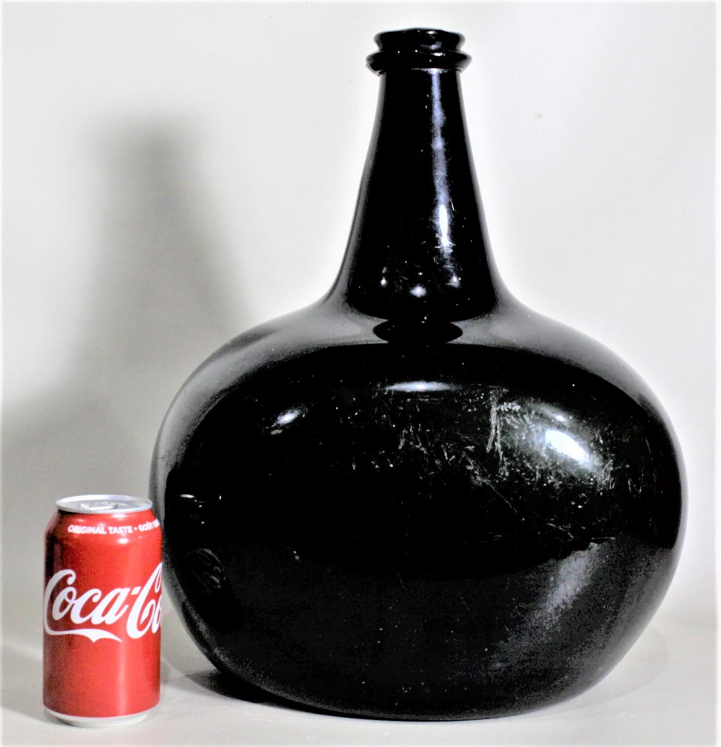 Blown Glass Huge Antique Hand Blown & Formed Thick Deep Green Wine or Spirits Bottle For Sale