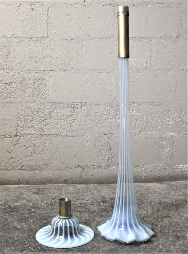 Huge Antique HandCrafted Blue Opalescent Swirled Floor Standing Trumpet Vase For Sale at