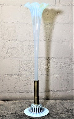 Huge Antique Hand-Crafted Blue Opalescent Swirled Floor Standing Trumpet Vase